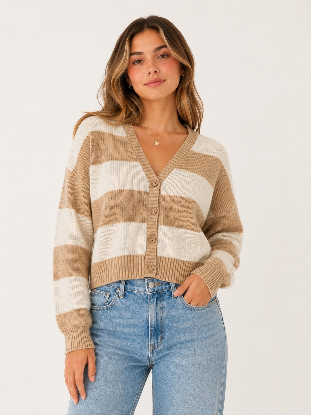 American Eagle Chunky Knit Cardigan Sweater Neutral Beige Cream Size Medium